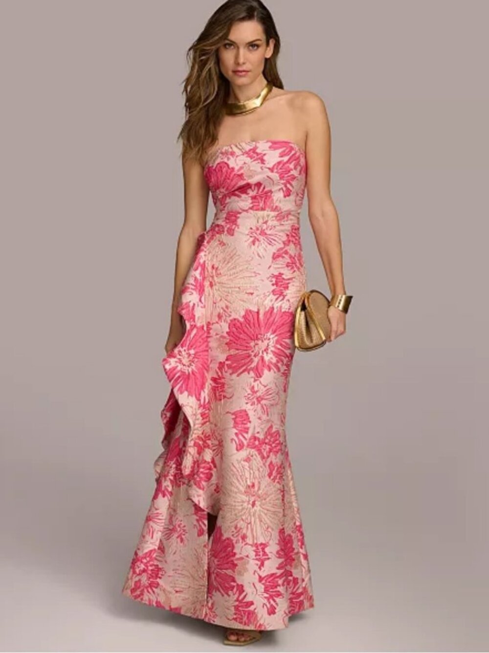 Donna Karan Pink floral Strapless Metallic Textured floor length Maxi Gown, sz 8
